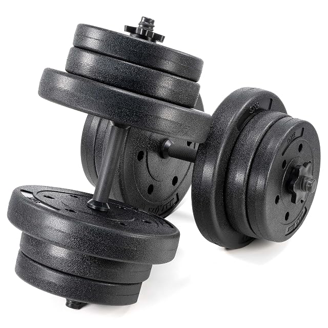 Paire de barres d’haltères à vis MAXXIVA avec disques plastique noirs remplis de ciment et colliers étoile