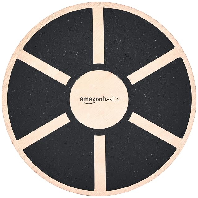 Planche d’équilibre ronde en bois Amazon Basics, surface d’accroche noire découpée en six quartiers autour d’un moyeu nu