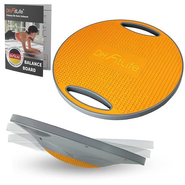 Planche d’équilibre ronde DH FitLife, dessus orange à picots sur une jante grise, deux prises découpées, notice à côté