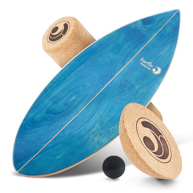 Planche d’équilibre en bois bleu aigue-marine Surfin Balance avec rouleau, demi-dôme et balle