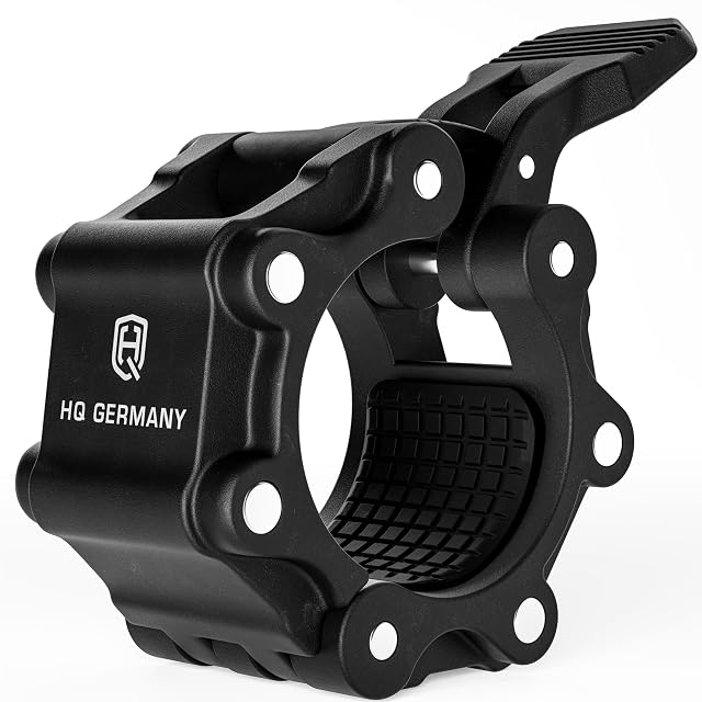 Collier de serrage HQ Germany en acier noir, levier ouvert, montrant la garniture caoutchouc quadrillée à l’intérieur de l’alésage