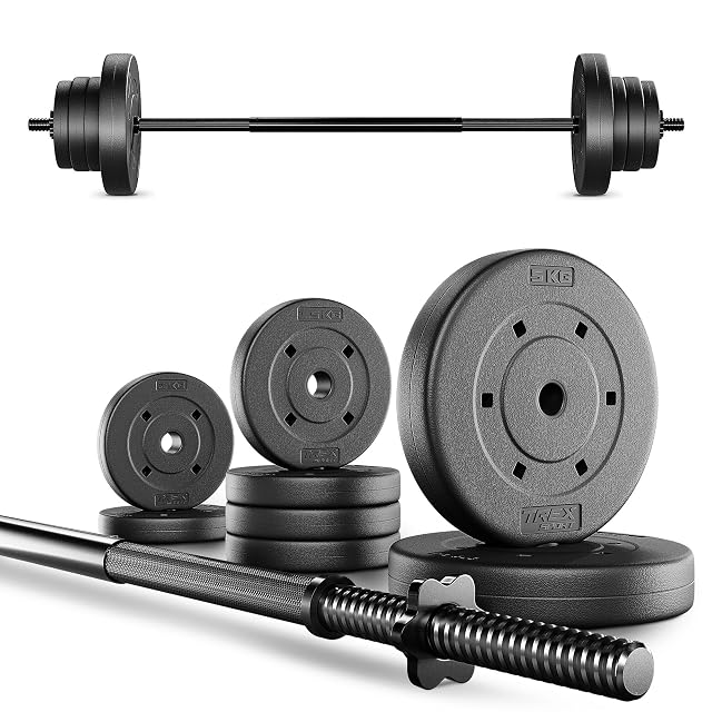 Barre en acier TREX SPORT de 120 cm avec huit disques revêtus de plastique et deux colliers étoile