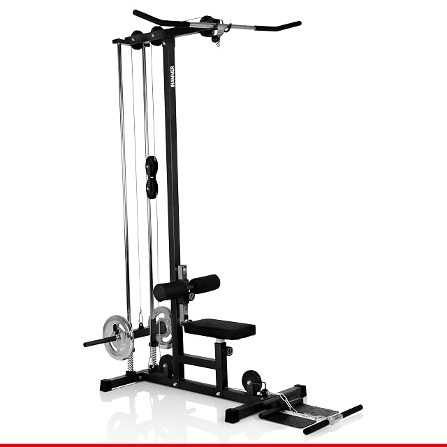 Colonne HAMMER Finnlo Multi-Lat-Tower avec assise, barre de tirage et câble de rowing bas intégré