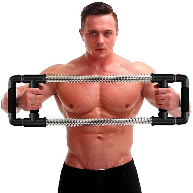 Push Down Bar GoFitness tenue en travers de la poitrine, deux ressorts chromés entre des poignées noires articulées