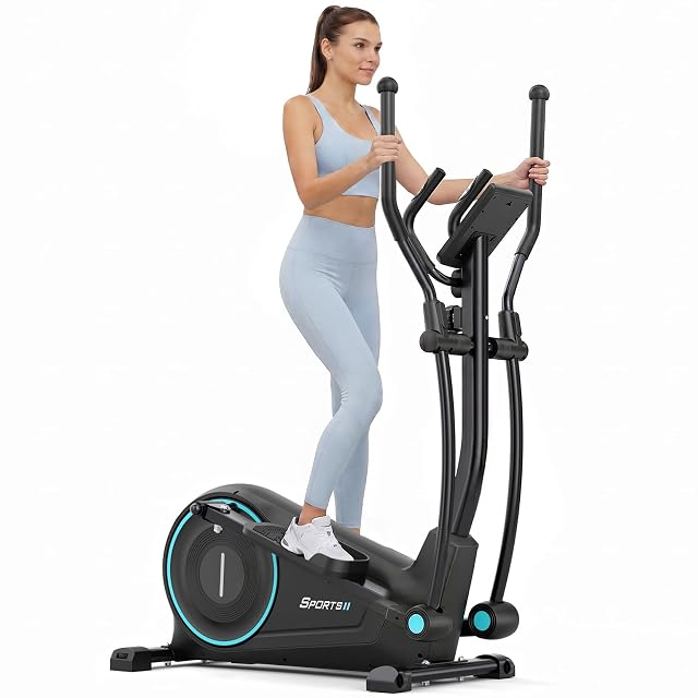 Vélo elliptique Dripex noir avec jante de volant et molettes turquoise, guidons mobile et fixe, écran LCD au-dessus
