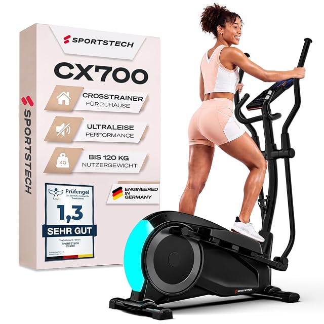 Vélo elliptique Sportstech CX700 avec carter de volant éclairé en cyan, à côté de son carton portant un macaron Prüfengel 1,3 SEHR GUT
