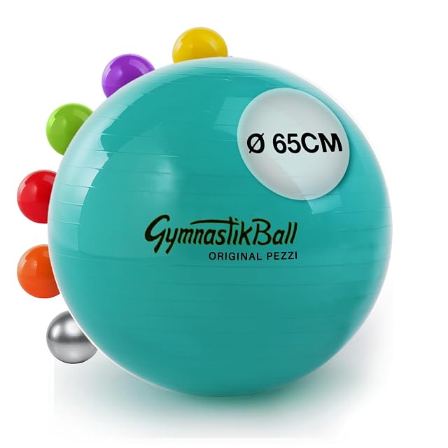 GymnastikBall PEZZI vert turquoise marqué Ø 65CM, un éventail d’autres couleurs disposé derrière