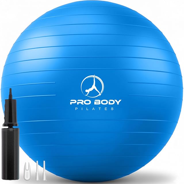 Ballon de stabilité bleu ProBody Pilates de 65 cm avec pompe, bouchon et extracteur de bouchon