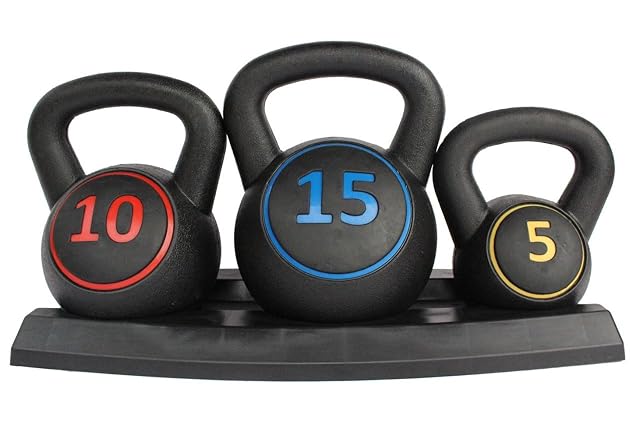Jeu de trois kettlebells FUNJEPE en HDPE avec support et masses à code couleur