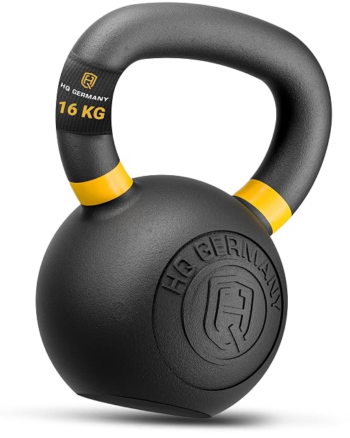 Kettlebell en fonte HQ Germany à peinture poudre, 16 kg, avec un bandeau à code couleur