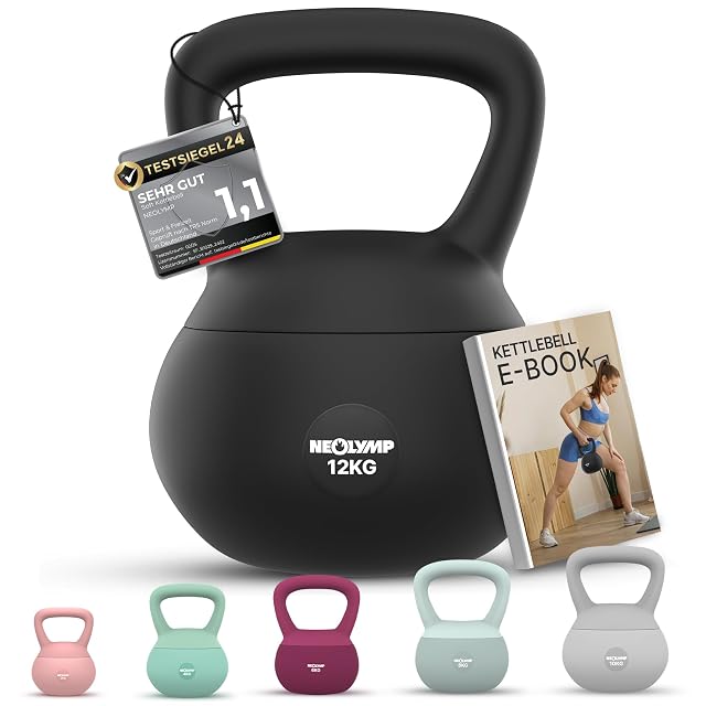 Kettlebell souple NEOLYMP noire marquée 12KG, une étiquette TESTSIEGEL24 à l’anse et cinq tailles pastel en dessous