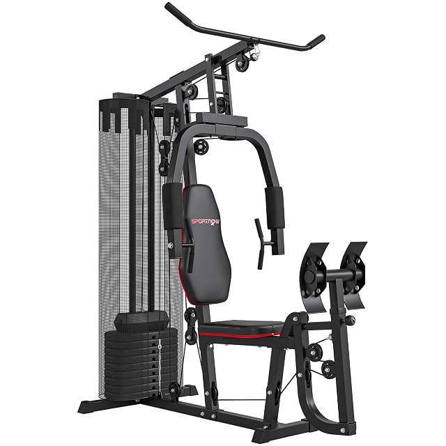 Station multifonction SPORTNOW noire avec colonne de charges, station pectoraux et presse à cuisses
