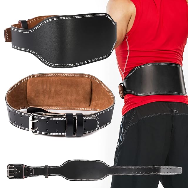 Ceinture awagas en cuir noir à surpiqûres blanches sur une doublure daim fauve, boucle à double ardillon, portée de dos