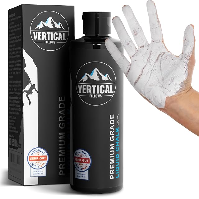Flacon et boîte VERTICAL FELLOWS noirs de 250 ml, tous deux portant un macaron DERMATEST SEHR GUT 2023, main magnésiée à côté