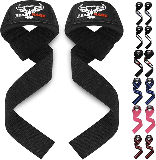 Paire de sangles de tirage BEAST RAGE en coton noir rembourré avec coussinets de poignet en néoprène
