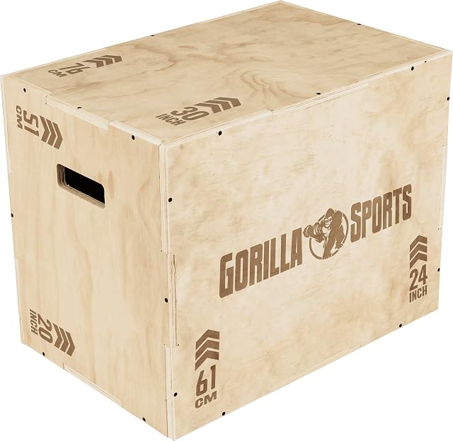 Plyo box GORILLA SPORTS à faces de pin clair, chevrons marquant 51 CM, 61 CM et 76 CM sur trois faces