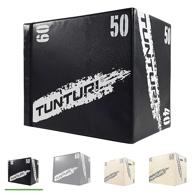 Plyo box souple Tunturi en bois noir avec housse en mousse EVA et hauteurs imprimées