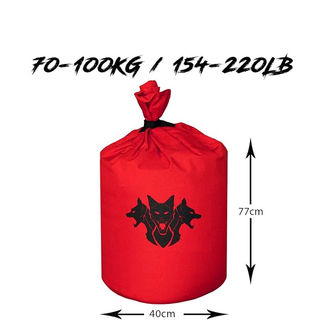 Doublure de remplissage rouge Cerberus Strength nouée au col, logo au chien à trois têtes, dimensionnée 77 sur 40 cm pour 70 à 100 kg