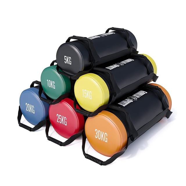 Pyramide de sacs lestés GORILLA SPORTS, chaque embout d’une couleur différente et marqué de 5KG à 30KG