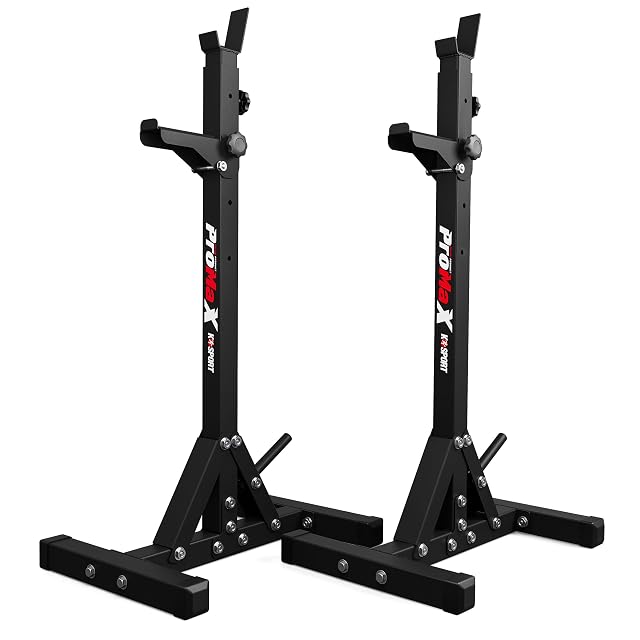 Deux chandelles de squat K-Sport ProMaX noires avec crochets, bras de rattrapage et embases triangulaires boulonnées
