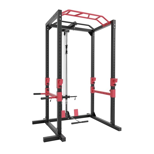 Cage à squat Ultrasport noire et rouge avec barre de traction, poignées à dips et extension de tirage vertical