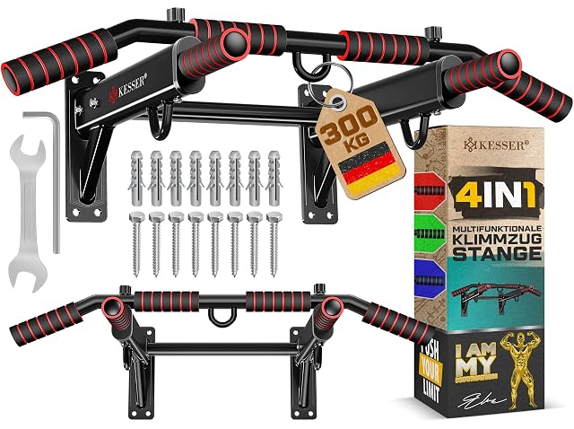 Barre de traction murale KESSER 4-en-1 avec poignées multiprises et œillets d’accroche