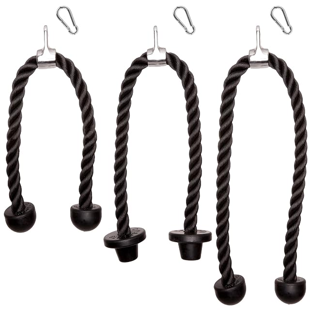 Trois cordes C.P. Sports noires côte à côte en longueurs croissantes, chacune avec une tête acier et son mousqueton