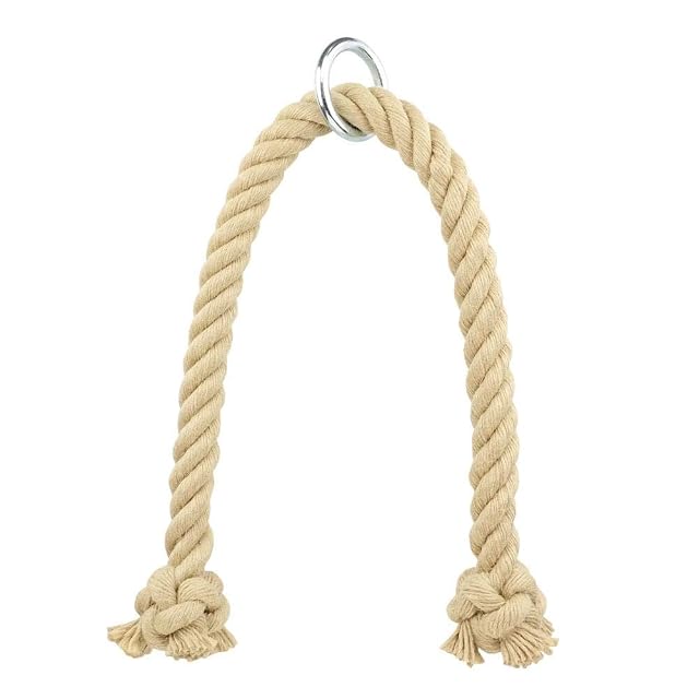 Corde Kanirope en polychanvre clair passée dans un anneau acier, chaque extrémité finie par un nœud plutôt qu’un embout moulé