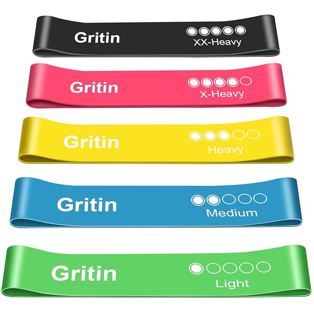 Cinq bandes Gritin empilées en noir, rose, jaune, bleu et vert, chacune imprimée de points de niveau remplis