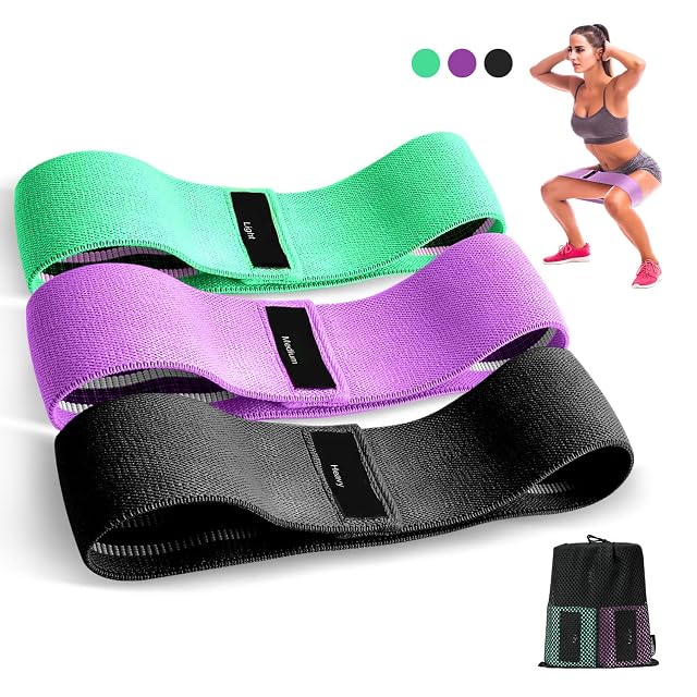 Trois bandes élastiques Suright en tissu tricoté vert, violet et noir