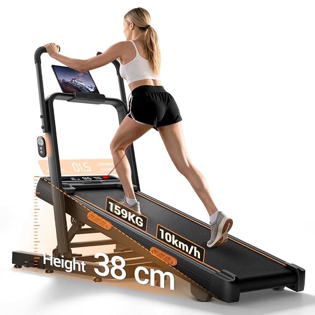 Tapis de course pliable LONTEK à forte inclinaison avec de hautes mains courantes verticales