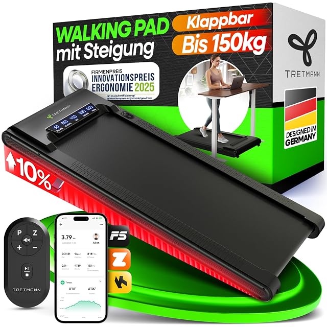 Tapis de marche TRETMANN incliné sur sa pente de 10 pour cent, éclairage rouge en dessous, télécommande et écran d’application, carton derrière
