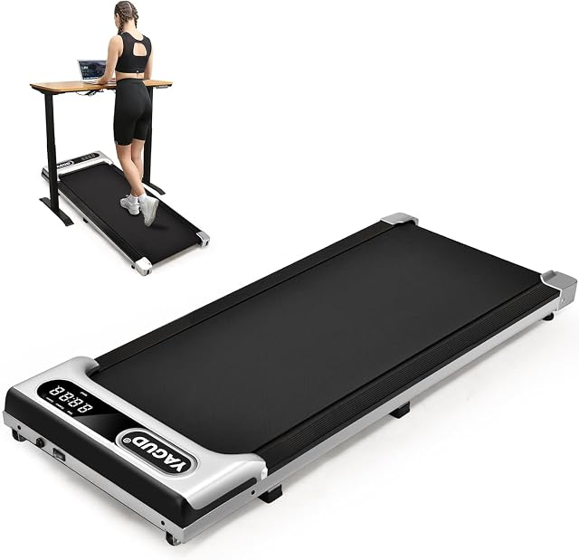 Tapis de marche de bureau plat Yagud, longerons argentés et bandeau LED à quatre chiffres sur le bord avant