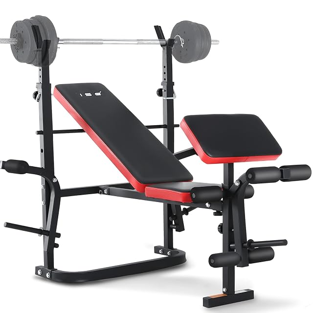 Banc de musculation multifonction ISE SY-5430B rouge et noir avec bras d’écarté et appareil à ischios