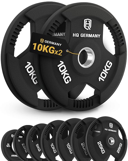 Paire de disques tri-grip HQ Germany de 10 kg caoutchoutés noirs à trois poignées