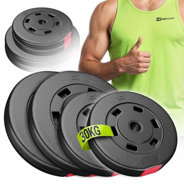 Jeu Hop-Sport de quatre disques noirs en plastique, deux de 10 kg et deux de 5 kg