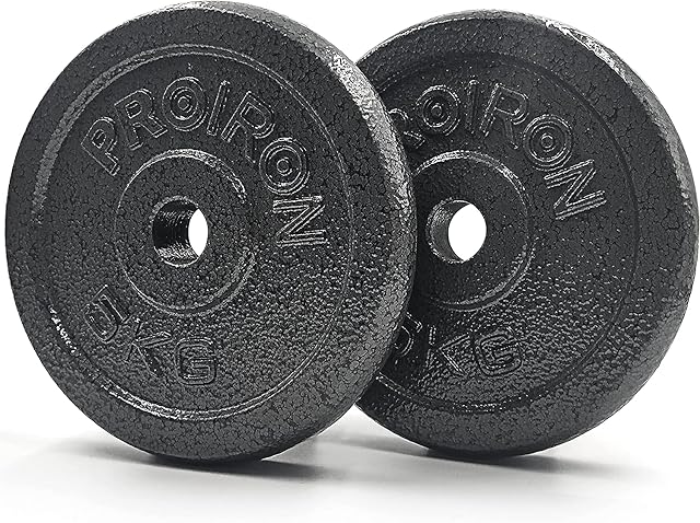 Deux disques PROIRON en fonte marqués 5KG, finition noire martelée, la marque en relief autour de l’alésage