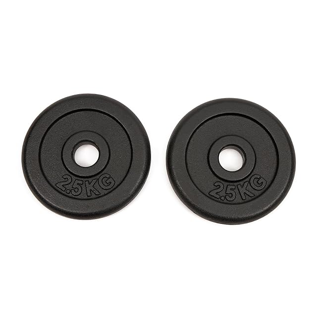 Deux disques WORQOUT en fonte noire de 2,5 kg avec un alésage central de 30 mm