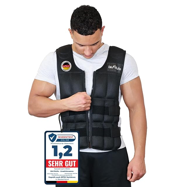 Gilet lesté DH FitLife noir en mesh porté fermé, avec une pancarte Warentest Online 1,2 posée à côté