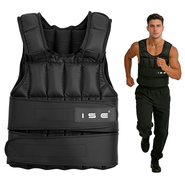 Gilet lesté ISE tout noir, poches matelassées sur la poitrine et large sangle de taille enveloppante