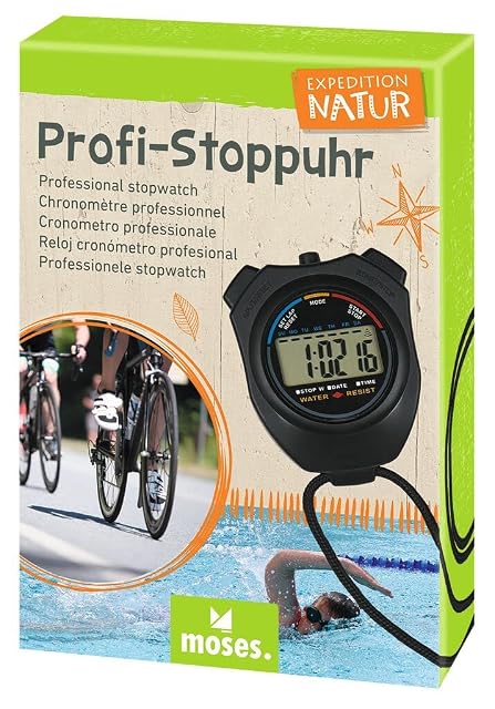 Boîte moses Expedition Natur, verte et orange, le chronomètre noir imprimé devant affichant 1:02:16