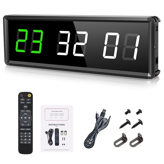Barre minuteur PELLOR noire à LED affichant des chiffres verts et blancs, avec télécommande, notice, câble USB et supports