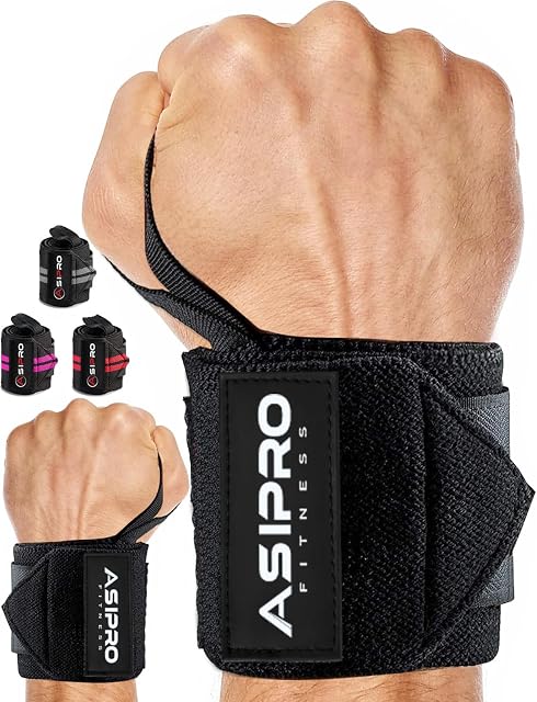 Paire de bandes de poignet ASIPRO noires avec boucles de pouce et fermetures auto-agrippantes