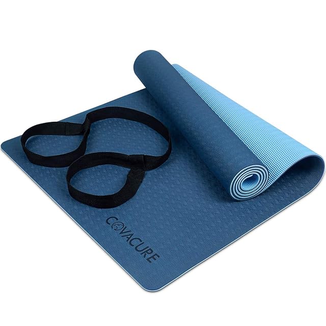 Tapis de yoga COVACURE en TPE avec dessous à motif de vagues et sangle de transport