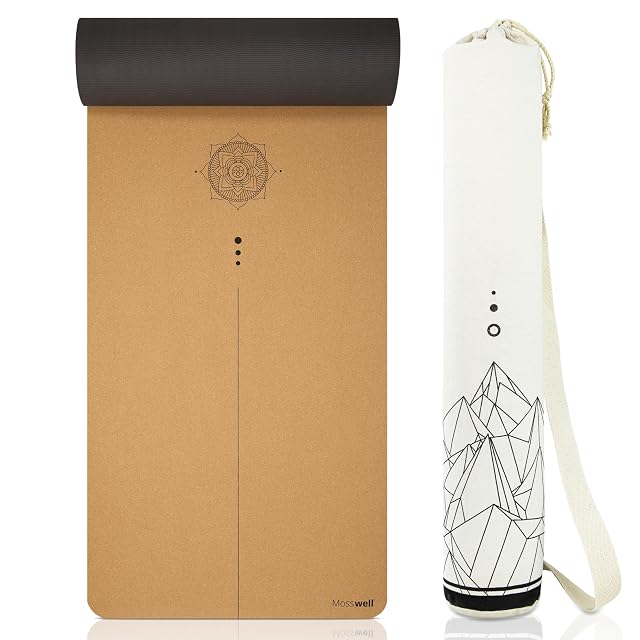 Tapis de yoga Mosswell en liège avec une ligne d’alignement et un sac de transport en coton