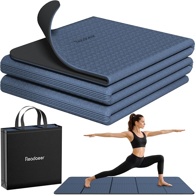 Tapis de yoga Readaeer pliable en TPE bleu et noir avec son sac de rangement