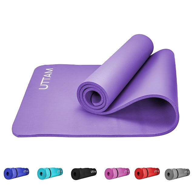 Tapis de yoga UTTAM violet extra épais en mousse, enroulé avec sa sangle de transport